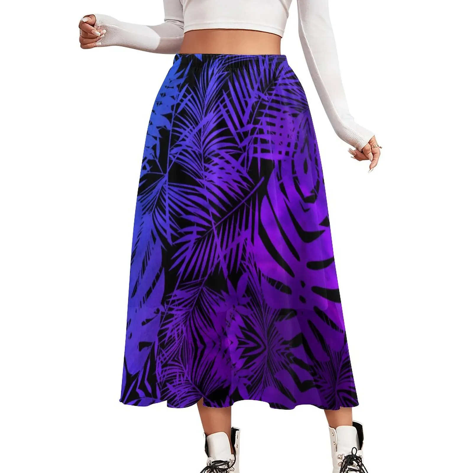 

Palm Leaves Skirt Ombre Tropical Leaf Elegant Boho Skirts Summer Harajuku Elastic Waist Chiffon Print Oversize Casual Skirt