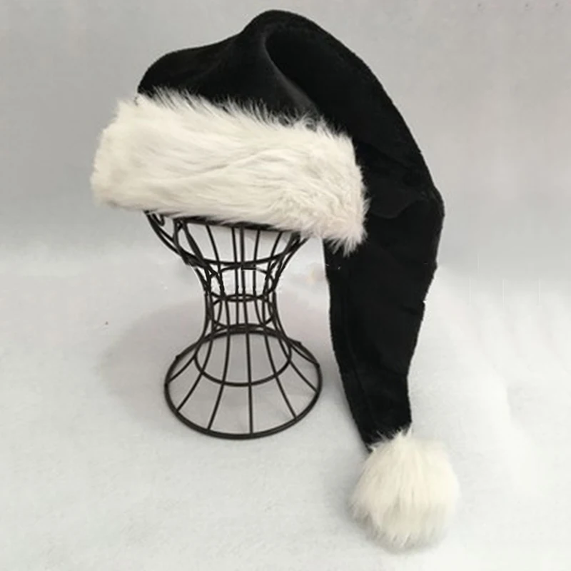 

2020 New Adult Black Plush Long Christmas Hat Xmas Costume Pompom Santa Claus Cap Dropshipping 75cm