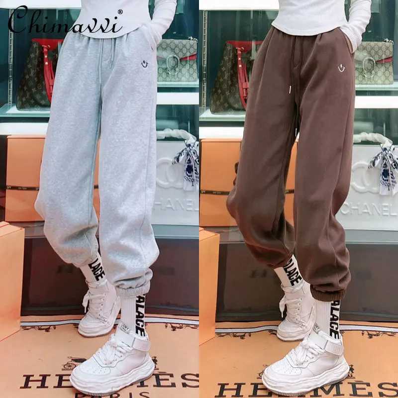 

Зимняя одежда 2022, модные брендовые повседневные спортивные брюки с вышивкой Smile, теплые облегающие элегантные шаровары с флисовой подкладк...