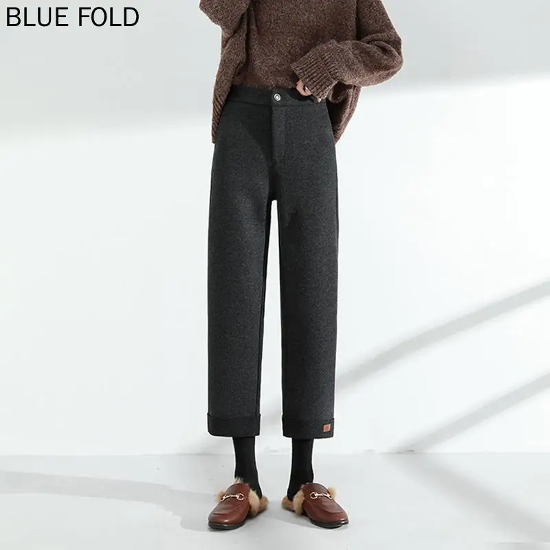 

New High-waist Woolen Pants Women's Autumn and Winter Wide-legged Thin Casual Nine-point Loose Drape Thickened Straight-leg Pant