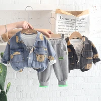 three piece cotton baby boy clothes denim jacket cartoon girls clothing sets for children bear girl outfits wholesale 2022