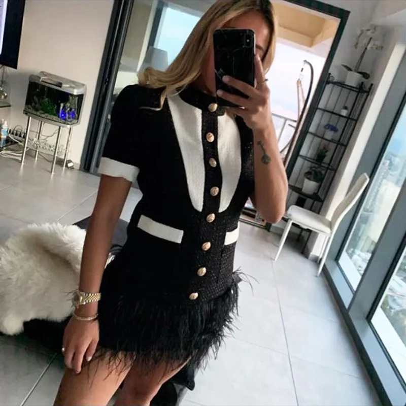 

HIGH STREET Newest 2022 Designer Fashion Women's Short Sleeve Lion Buttons Feather Embellished Color Block Tweed Dress