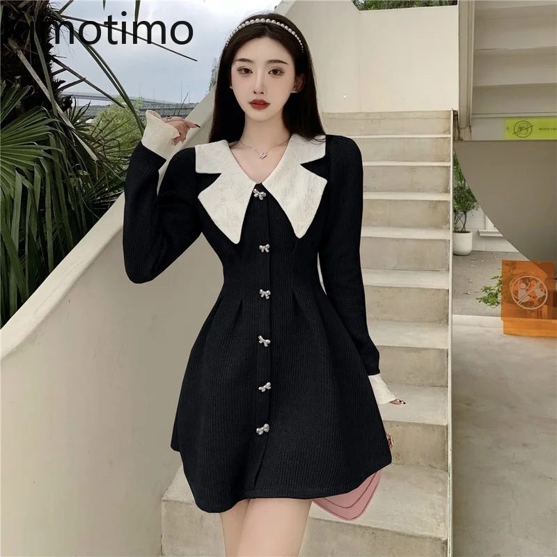 Женское твидовое платье Kimotimo элегантное платье-трапеция с отложным воротником