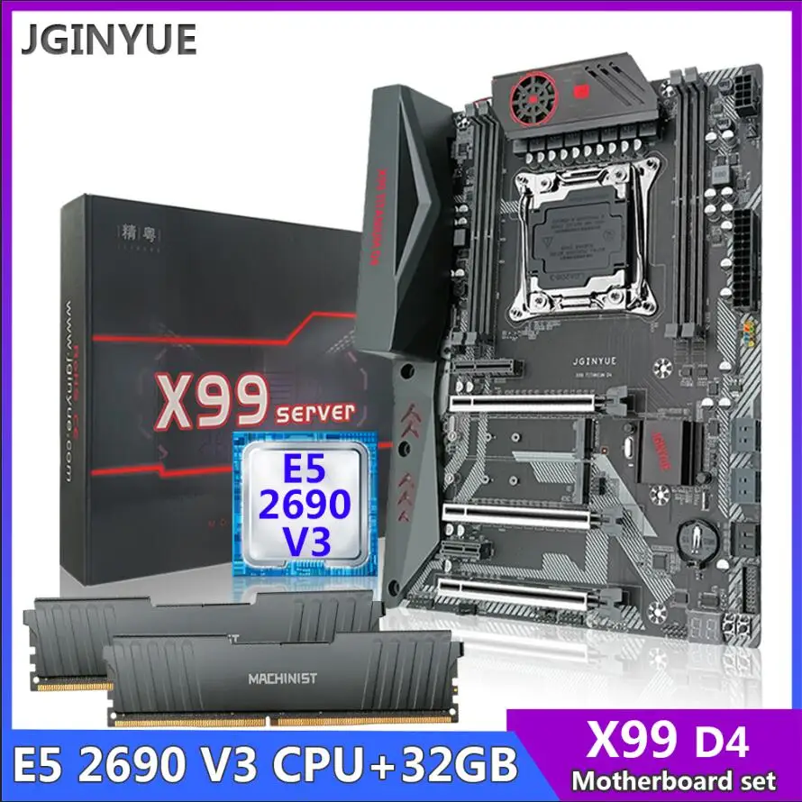 

JGINYUE X99 комплект материнской платы с Xeon E5 2690 V3 LAG 2011-3 ЦП DDR4 2 шт. * 16 ГБ = 32 Гб 2133 МГц ECC ОЗУ память четырехканальная
