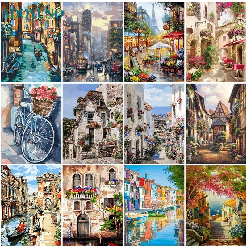 SDOYUNO Painting By Numbers For Adults DIY Kits HandPainted City On Canvas With Framed Oil Picture Drawing Coloring By Numbers