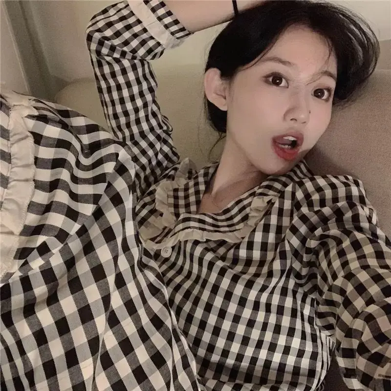 Korean Pajama for Women Summer Milk Silk Sleepwear Sets Teen Girls Sweet Plaid Lapel Pyjama Kawaii Ruffle Pijama Home Suit