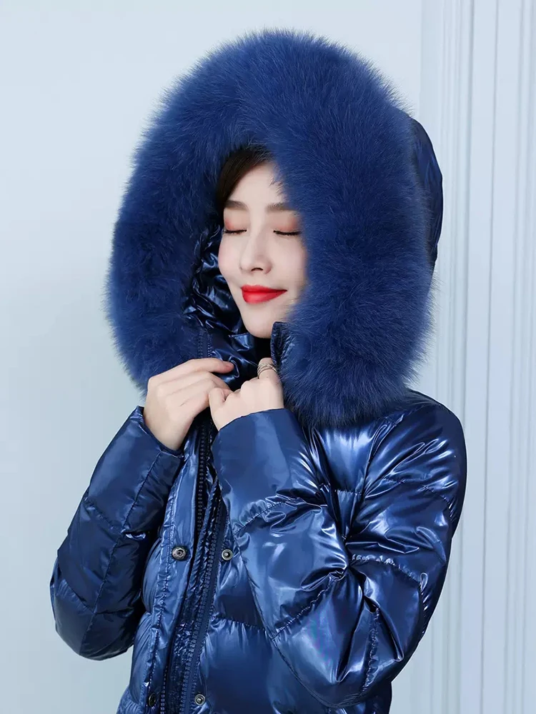 New Women Wash Free Down Coat Winter Fashion Glossy Surface Real Fox Fur Collar Lengthened Thicken Down Jacket Slim Overcoat