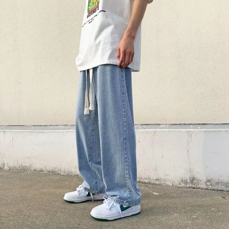 Blue/Black Baggy Jeans Men Fashion Drawstring Casual Wide Leg Jeans Mens Streetwear Loose Hip Hop Straight Denim Pants Men S-2XL
