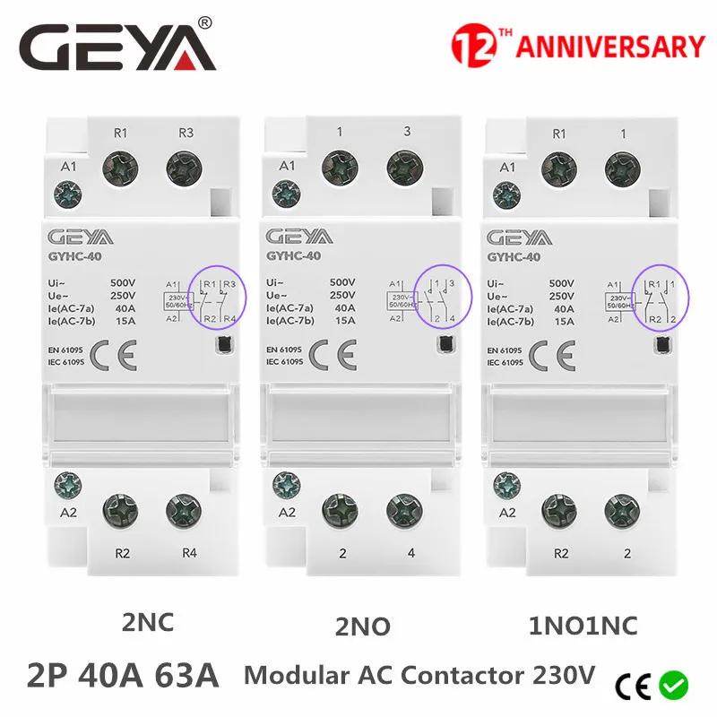 

GEYA Din Rail AC Contactor 2P 40A 63A 2NO 2NC 1NO1NC House Use or For Charging Pile Contactor Good Quality