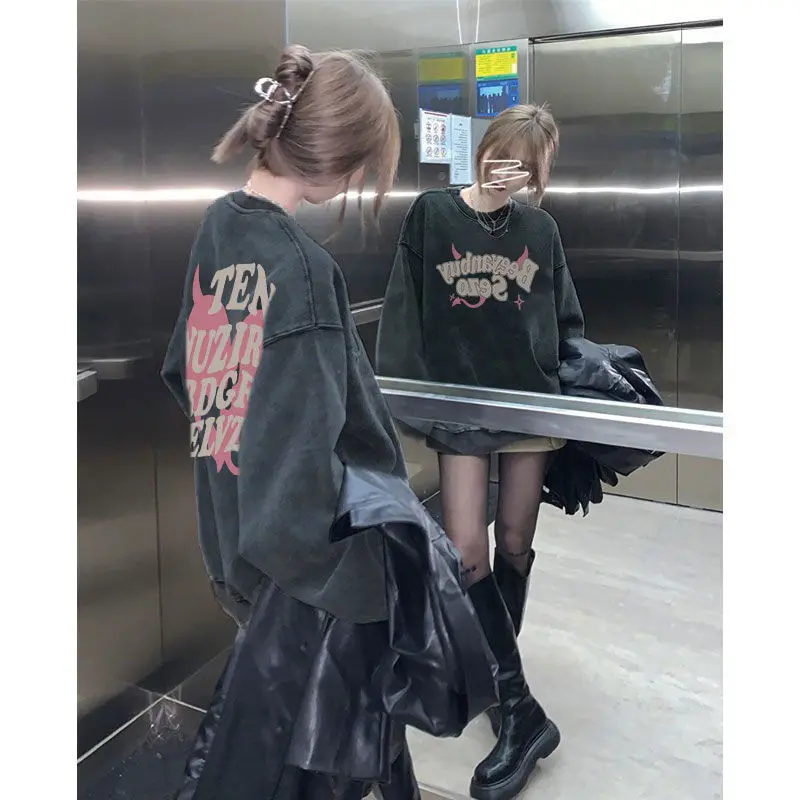 

Round Neck Little Devil Y2kStreetwear Student Hoodies Vintage Hoodie Washed to Make Old style Minority Oversize Women's Clothing