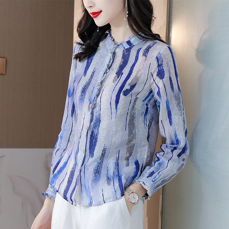 

Блузка женская из хлопка и льна, рубашка-поло для девочек, Модный повседневный Свободный Топ с длинным рукавом и принтом, дамские блузы, на л...