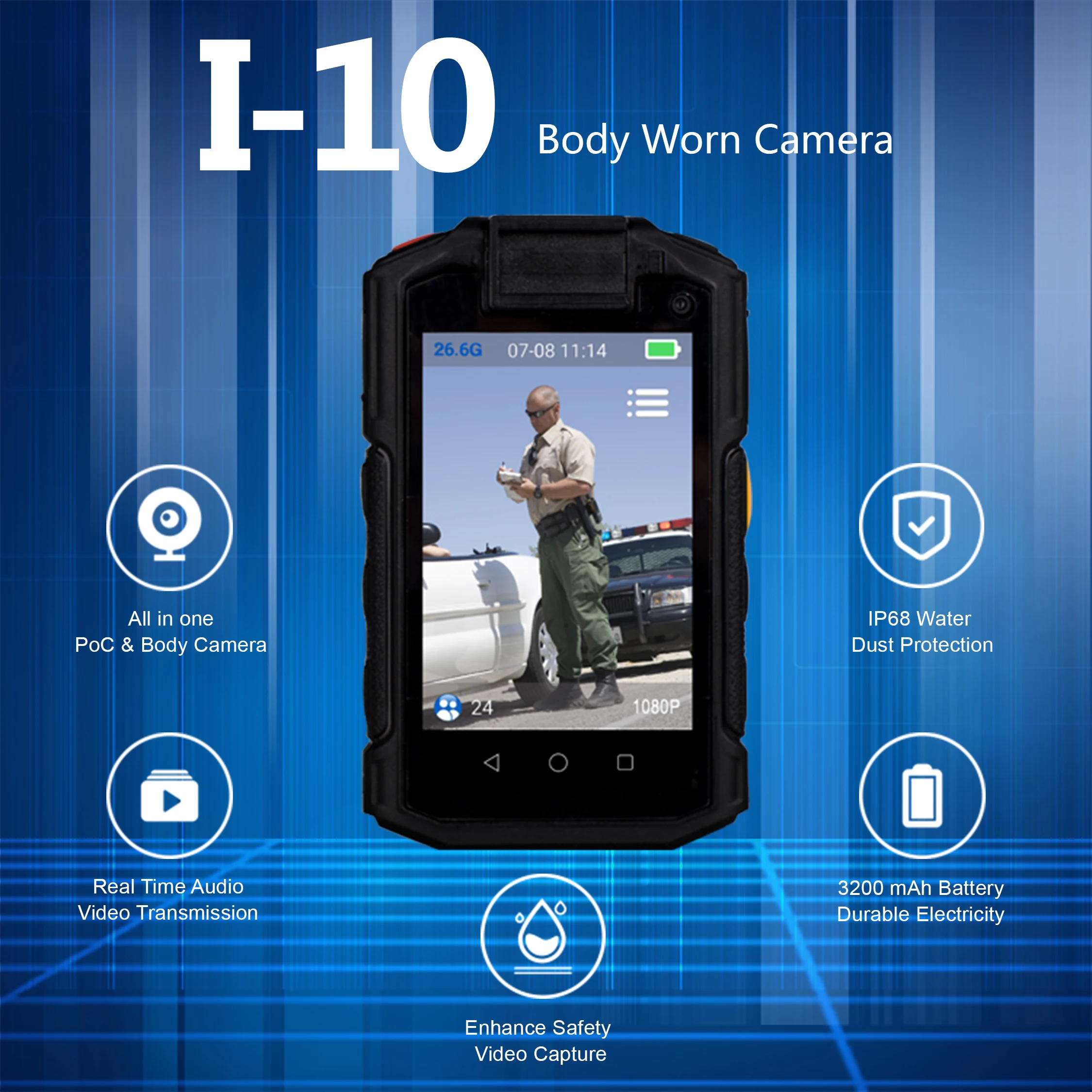 Inrico I10 Body Worn Camera Night Vision Wifi NFC Poc Radio Ip68 SOS Audio Video Alarm Network Walkie Talkie Police Body Camera