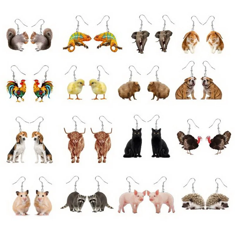 

Cock, Cow, Hamster, Pig, Chicken, Hedgehog, Squirrel, Rabbit, Black Cat, Method, Dog, Chameleon, Cute Acrylic Animal Earring