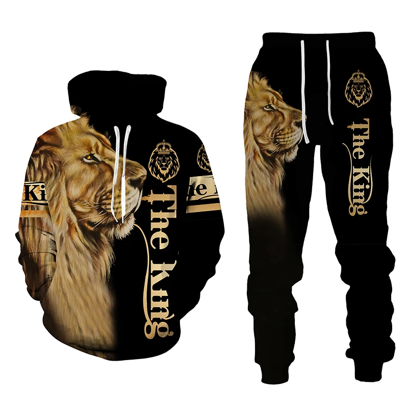 

Autumn and Winter Two Piece Set 3D Lion Print Men's Hoodies Sweat Pants Sportswear Suits Fashion Men Sweatshirt Sets Tracksuit