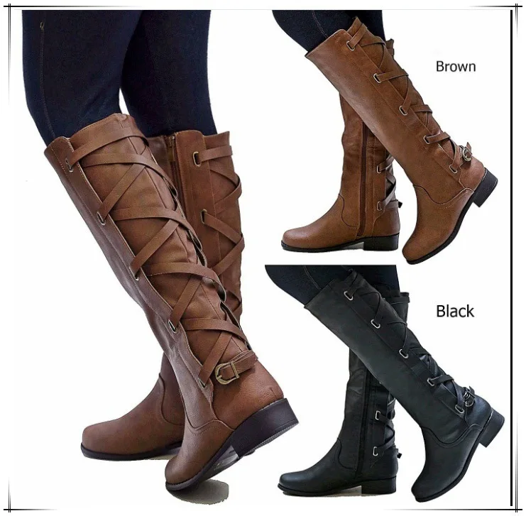 

Women Knee-High Boots Fashion Motorcycle Boots Buckle Strap Cross Tie Boots Woman Shoes Ladies Spring Boots Waterproof Rainboots