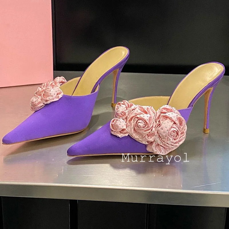 Новые атласные тапочки на тонком высоком каблуке с острым носком женские