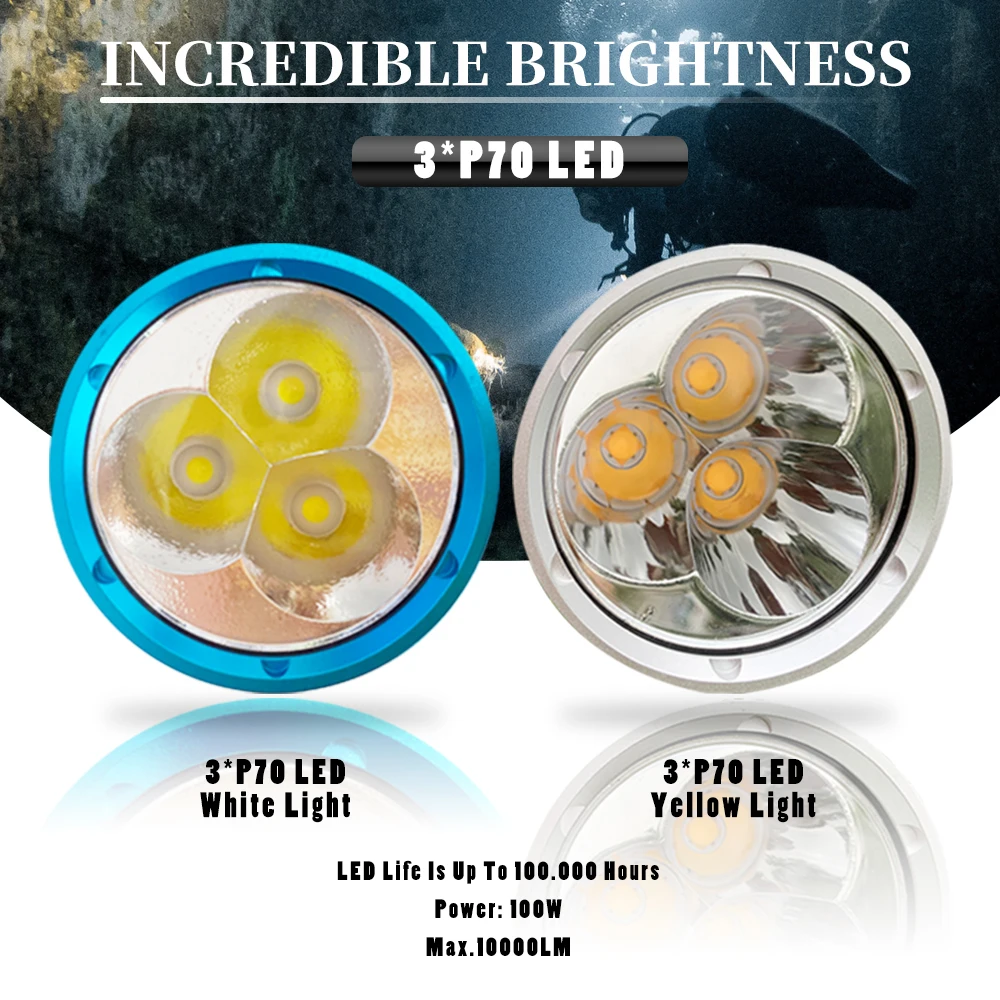 Asafee DA18Y P70 10000LM Профессиональный фонарик для дайвинга 50 м Подводный фонарь