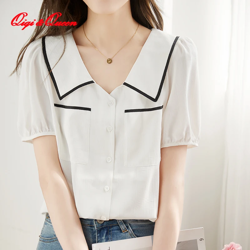 

Новая летняя Офисная Женская шикарная рубашка Qiqi & queen в Корейском стиле с коротким рукавом, женские блузы, винтажные топы, простая элегантна...