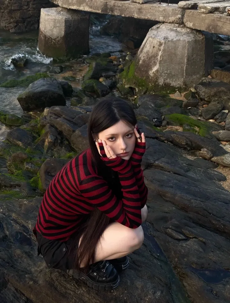 Y2k панк красный черный полосатый Топ женский модный приталенный с длинным