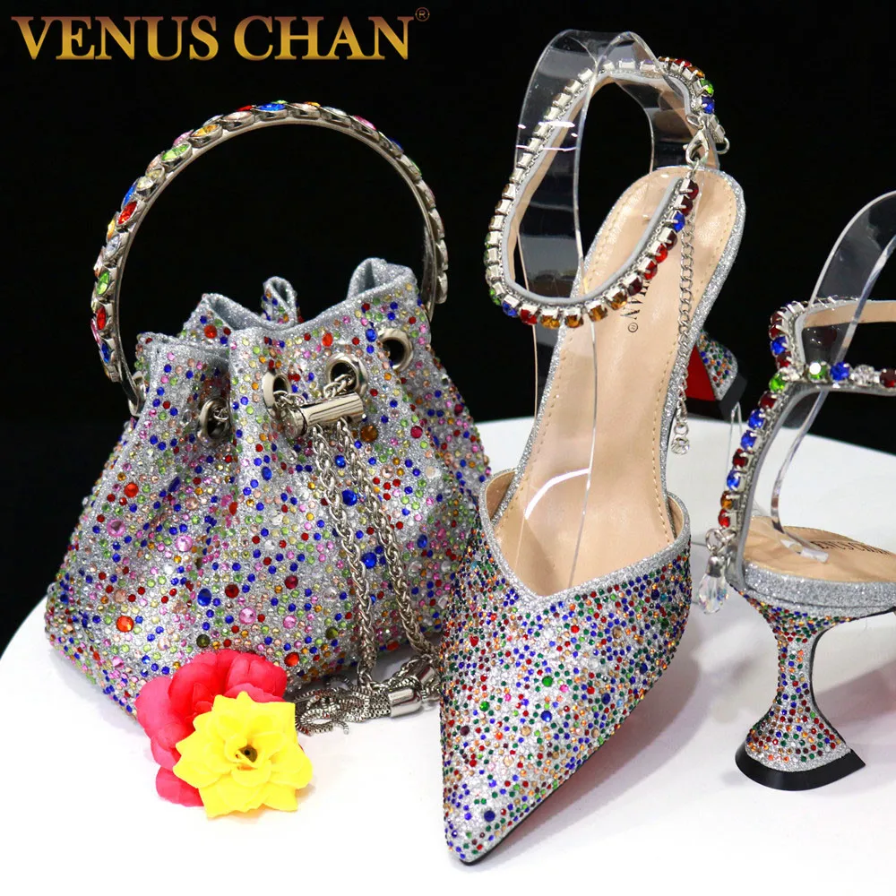 

Venus Chan Pointed Toe High Heels 2023 Italian Design Girly Style Shoes And Bag, Full Diamond Decoration Metal Closure Bag