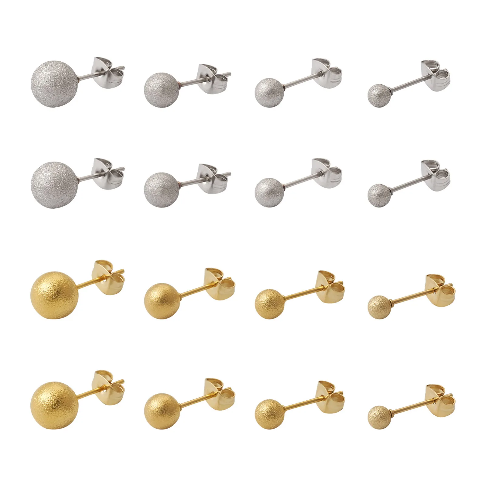 

16Pairs 8 Styles Golden Stainless Steel Color Textured Round Ball Stud Earrings for Women Piercings Fashion Body Jewelry Gifts