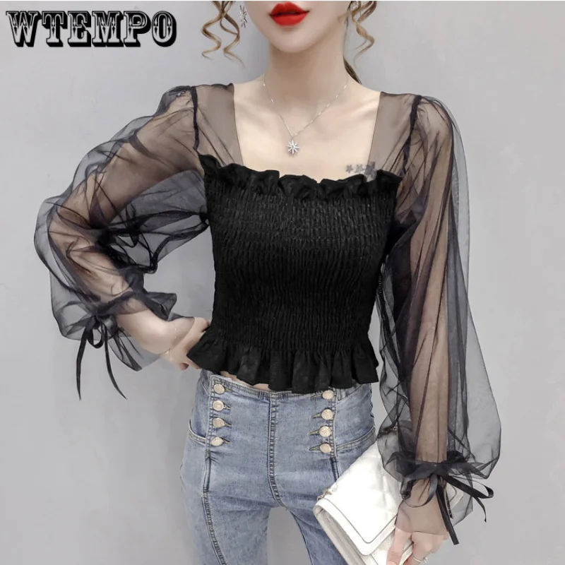 

Mesh Puff Sleeve Elastic Waist Women Blouse Square Neck Cropped Top Black and White Sweet Fairy Style Lace Up Bow Spring Summer