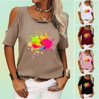 women fashion oil painting print t shirt round neck off shoulder top summer casual short sleeve tee shirt ladies loose t shirt