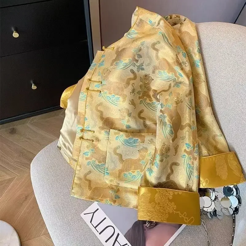 Желтый тигровый тотем жаккардовый костюм в китайском стиле топ куртки большого