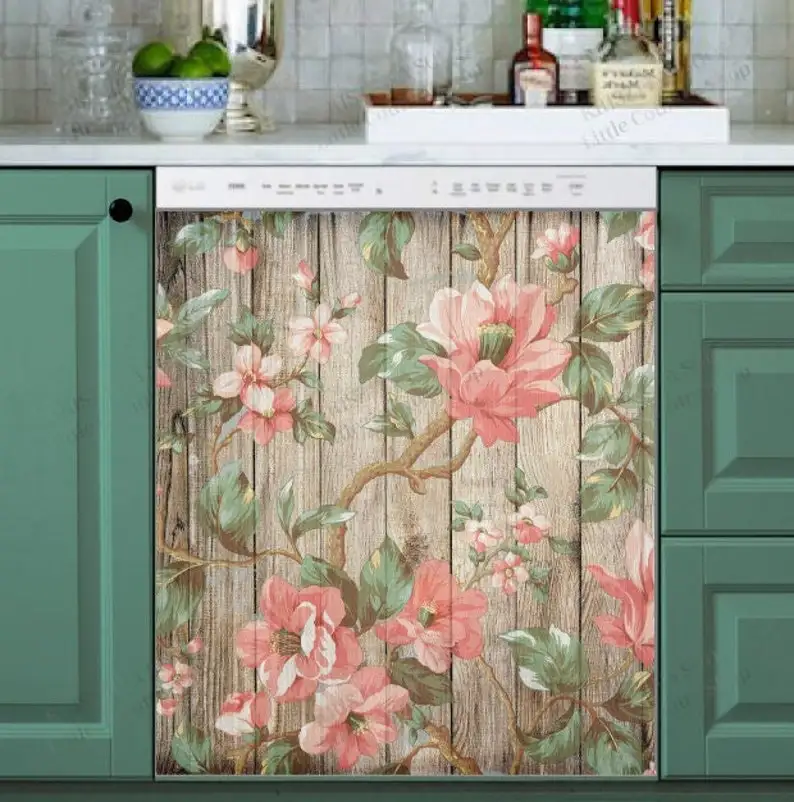 

Kitchen Dishwasher Magnet Cover - Rustic Flower Wood Design #1