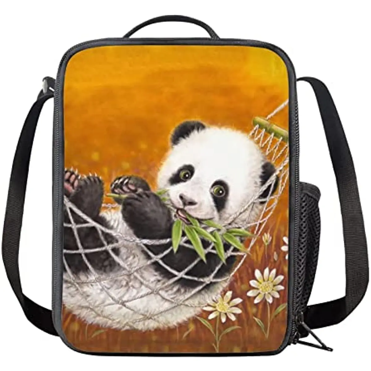 

Cute Panda Printed Children Lunch Bag for School Tote Lunch Box Food Bag for Boys Girls with Zipper Side Pocket Adjustable