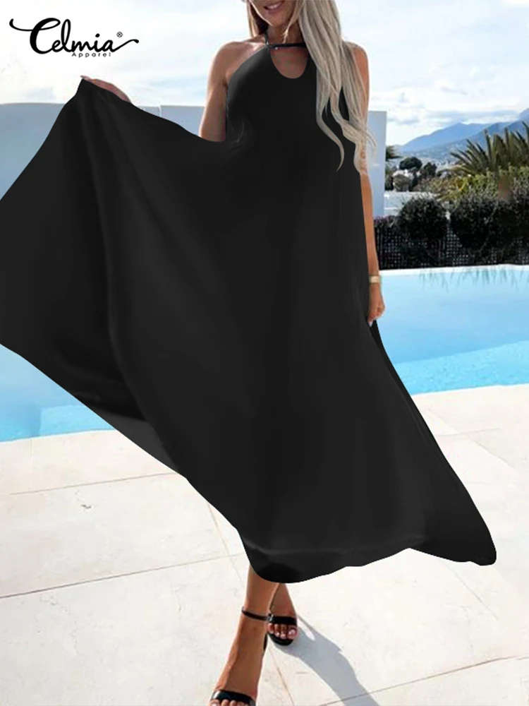 

Holiday Solid Tank Dresses Celmia Summer Women Sleeveless Long Maxi Sundress 2022 A-Line Loose Robe Beach Pleats Straps Vestidos