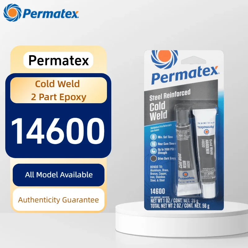 Фото Клей для холодной сварки Permatex 14600, двухкомпонентный эпоксидный, армированный сталью, для ремонта металла, до 3000 фунтов на кв. дюйм, для алюминия и стали, 2 унции (56 г) №1
