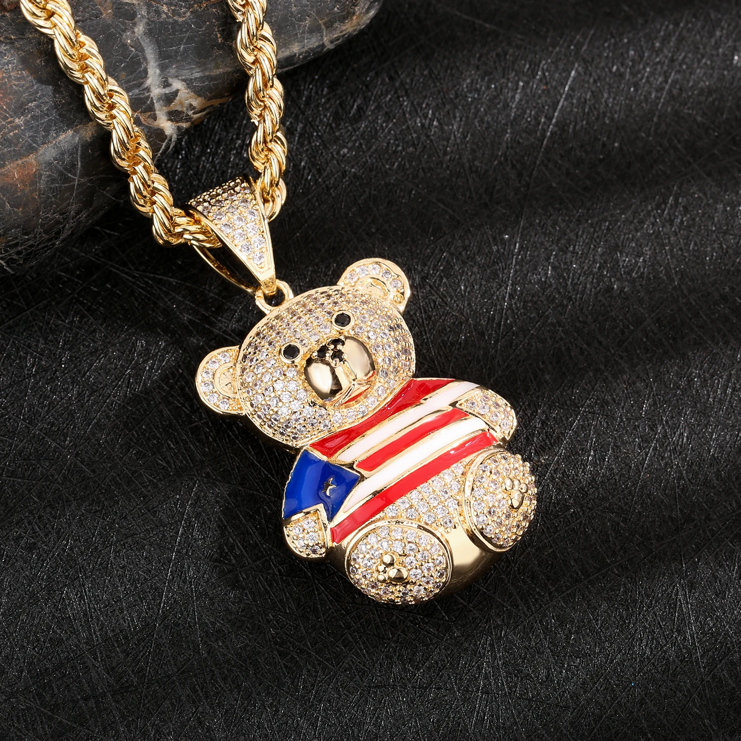 New Fashion Cute Bear Shape Colorful 14K Copper High Quality Hip Hop Zirconia Necklace Puerto Rico Pendant