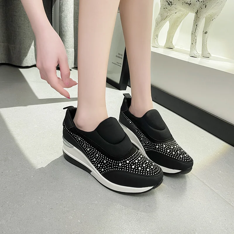 

Rhinestone Sneakers for Women 2023 New Spring Black Slip-On Ladies Casual Ladies Sneakers Breathable Mesh Light Vulcanized Shoes
