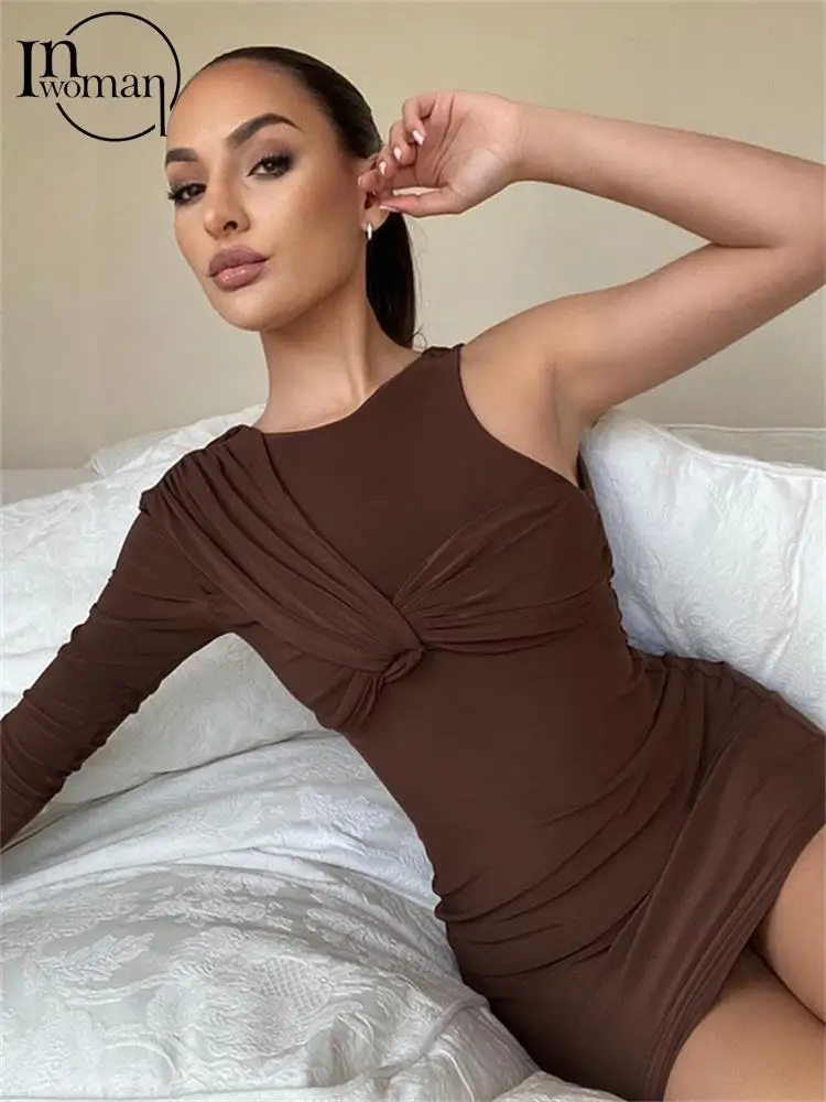 

Inwoman Autumn Sexy Solid Asymmetric Bodycon Mini Dresses Club Outfit For Women 2022 Long Single Sleeve Party Short Dress Female