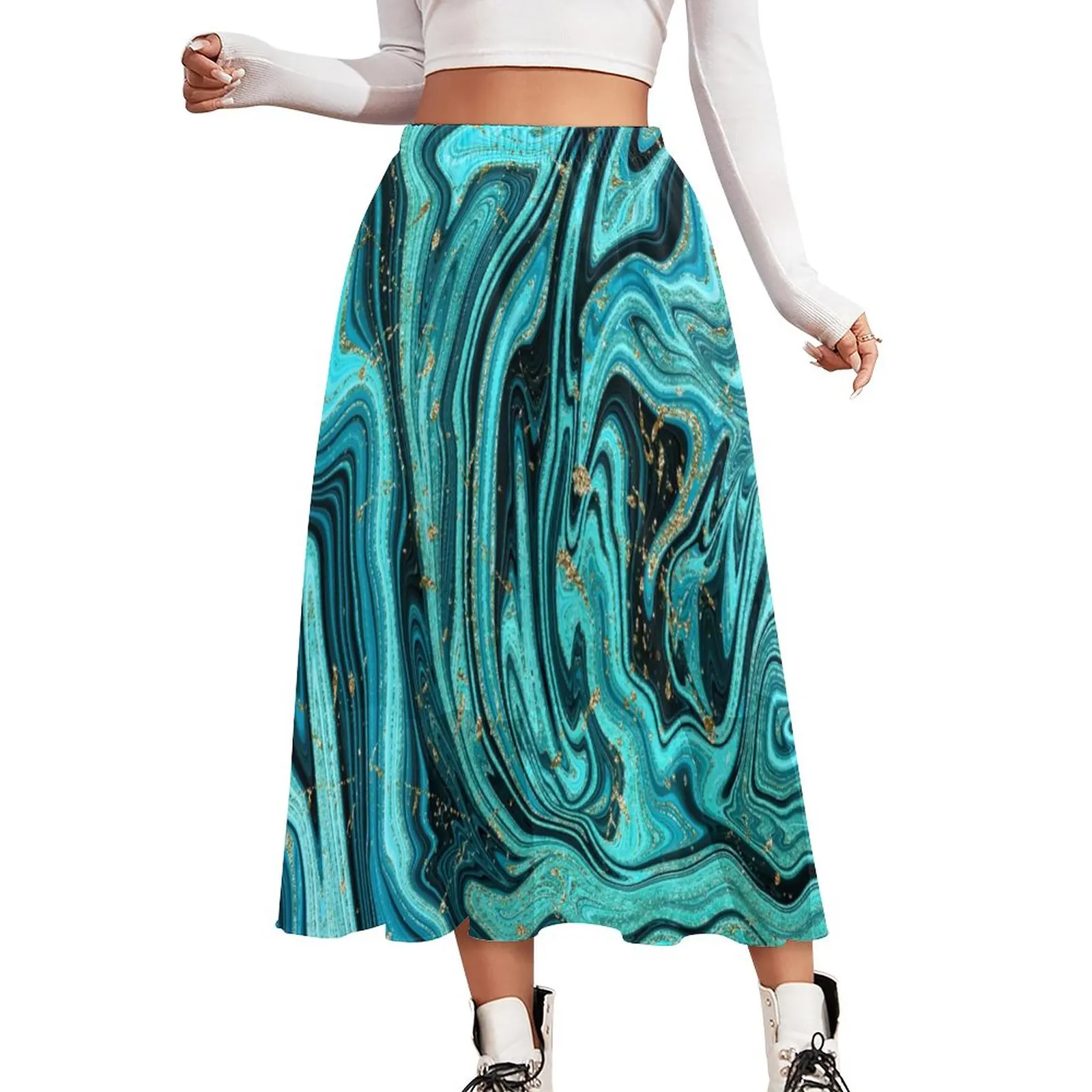 

Swirl Marble Abstract Skirt Teal Blue Gold Elegant Boho Skirts Elastic Waist Graphic Harajuku A-line Skirt 2XL 3XL 4XL