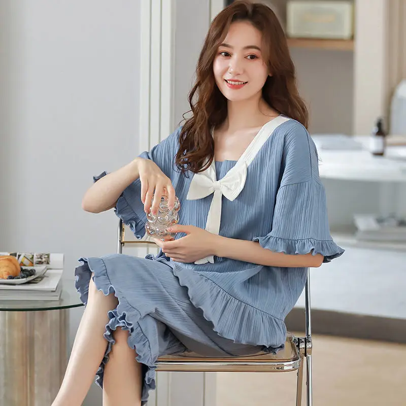 Summer Knitted Cotton Clouds Printing Two Piece Short Sleeved Women Pajamas Sets Pyjamas Ladies Sleepwear Cute Cartoon Pijamas