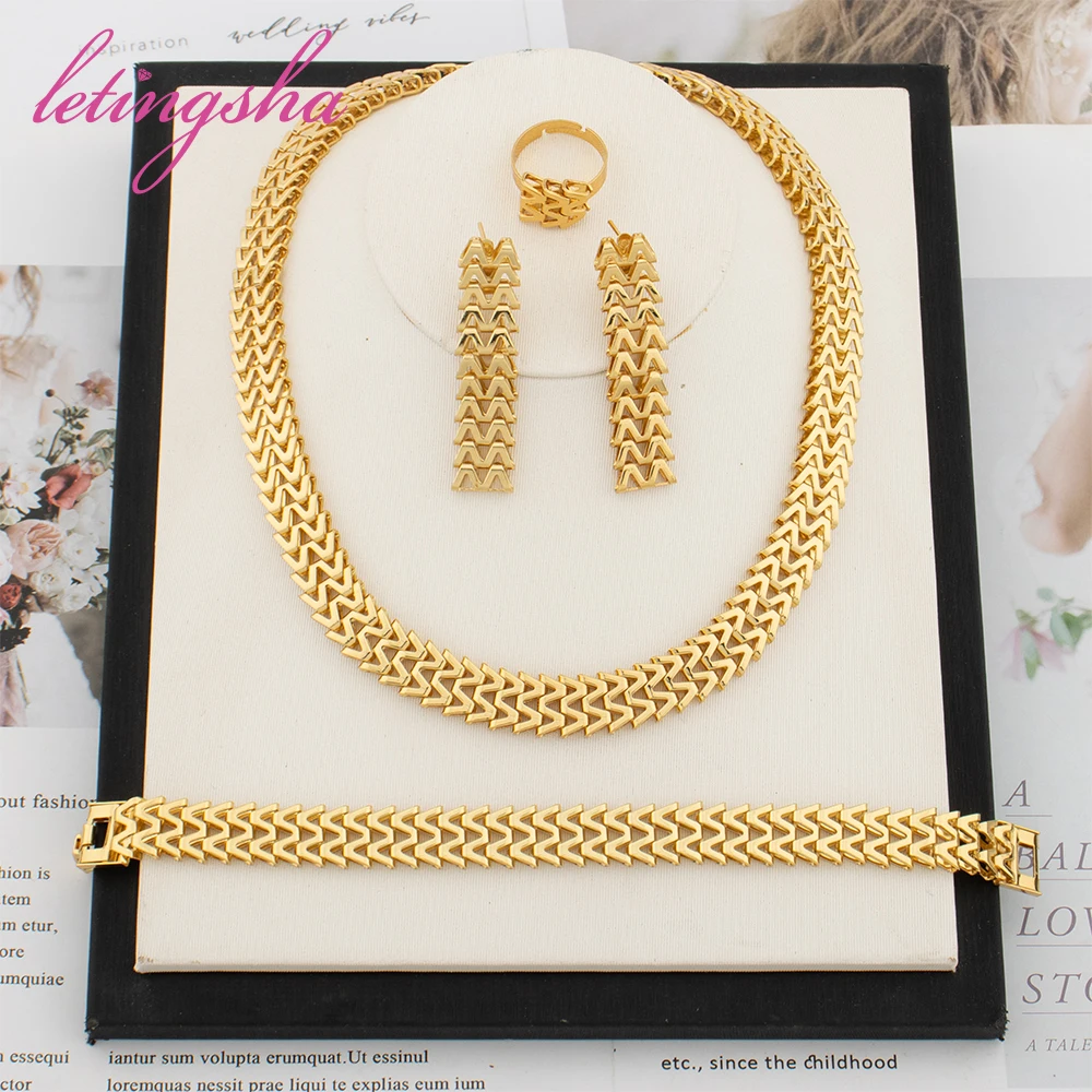

18K Gold Plated Necklace Chain Dubai Luxury Gold Color Earrings Bracelet African Fashion Jewelry Set Classic Rings Jewellery Set
