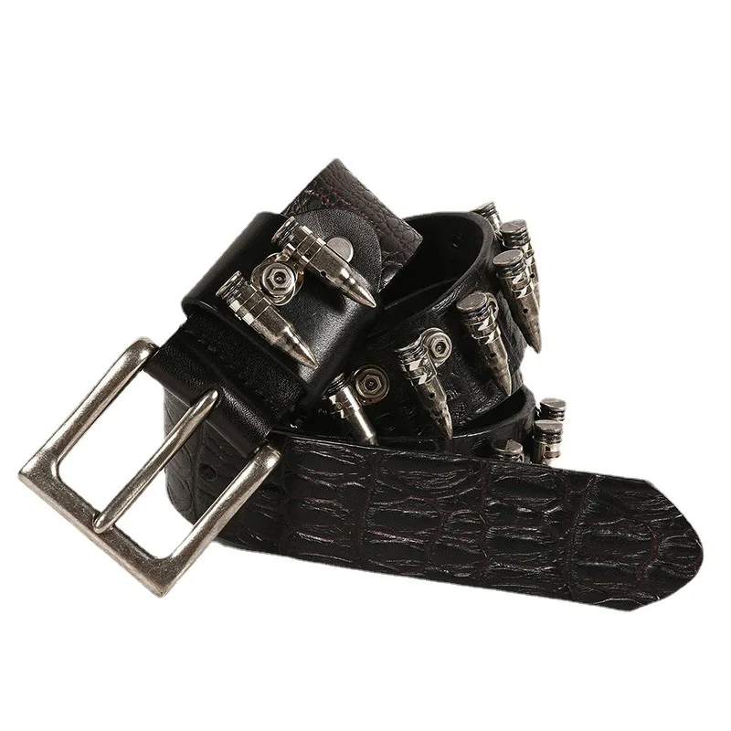 New hip-hop punk rock metal bullet inlaid men's top layer cowhide belt with personalized decorative belt