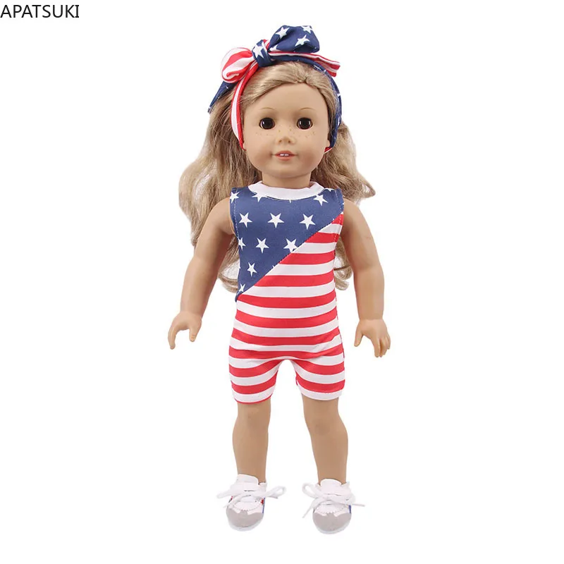 Set For 18in. American Doll Jumpsuit Headband Outfits For 43cm Baby Dolls Accessories