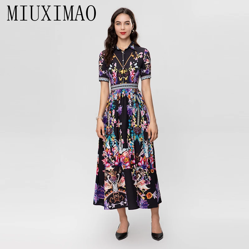 MIUXIMAO 2023 High Quality Spring&Summer Elegant Dress Short Sleeve Lapel Print Fashion Long Dress Women Vestides