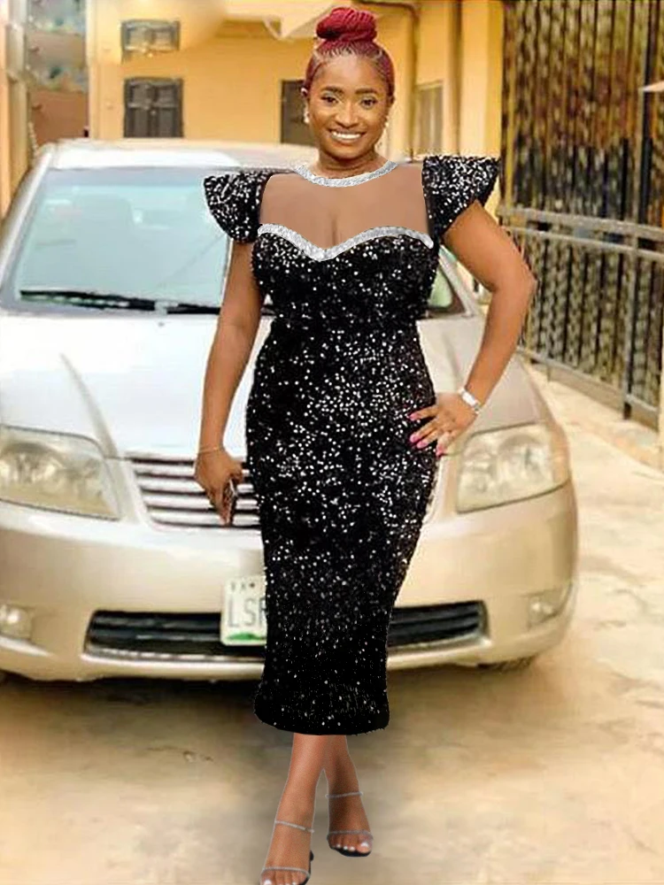 

Black Sequins Dresses O Neck Tulle Patchwork High Waist Bodycon Glitter Midi Length Evening Cocktail Event Party Gowns for Women