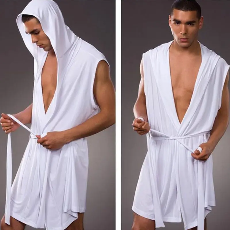 Men's Pajamas Sleeveless Oversized Silky Male Pajamas Hooded Bathrobe Ultra-thin Homewear Bath Robe 2022 Brand New