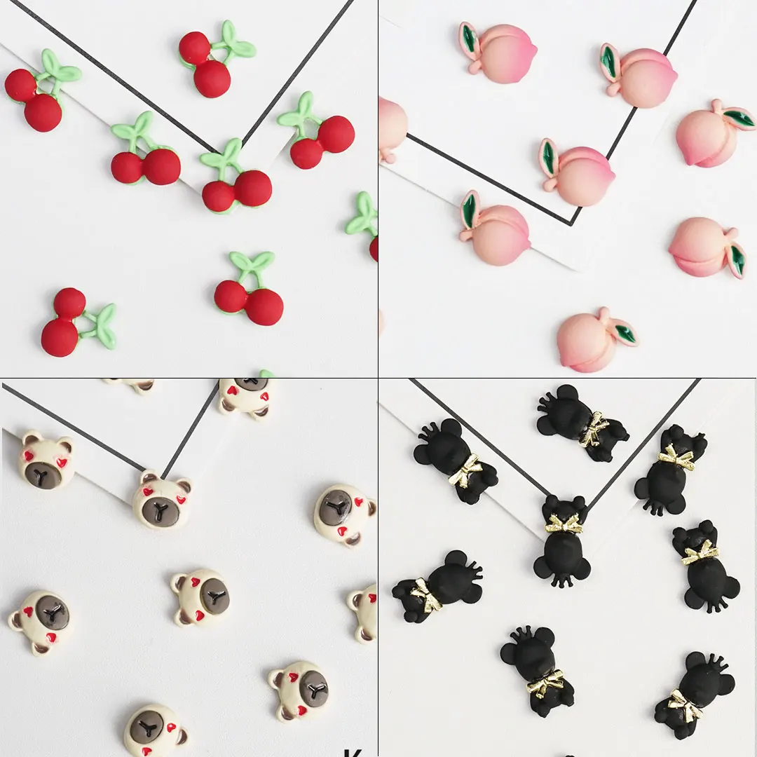 

10pcs Nail Cute Charms Cherry Fruit Bear Parts Art 3D Kawaii DIY Shaped Accessories Colorful Charm Decorations Design Korean