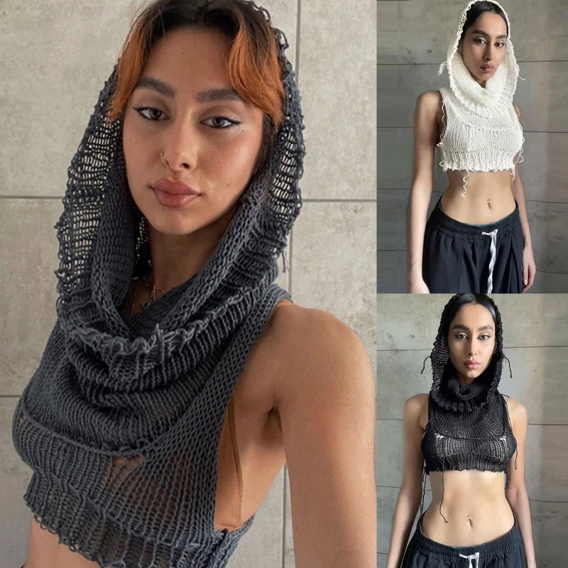 

Hollow Out Knitted Crop Tank Tops Women Autumn Sexy Tassels Sleeveless Bodycon Pullovers Hooded Sweater Vest Waistcoat