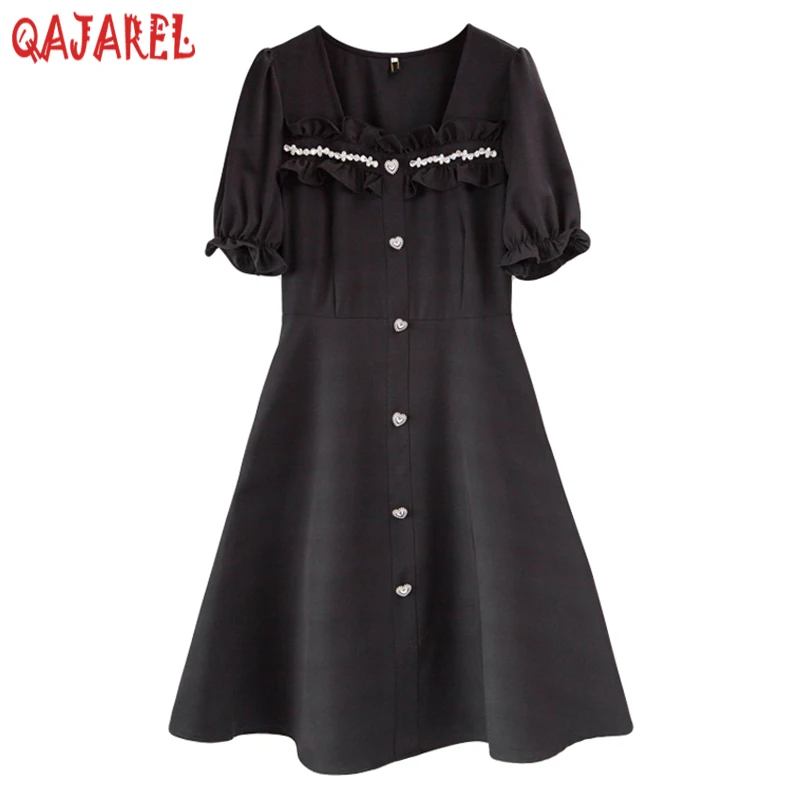 

Women Black Puff Sleeve Ruffled Square Collar Midi Dress 2023 Korean Vintage Hepburn Dress Summer Elegant Bodycon Casaul Dresses