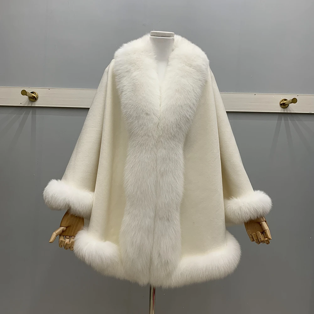 

2023 Wool Blends Real Fur Coat Cloak Ladies' Ponchos Capes with Real Fox Fur Women Winter Jacket Shawl Luxury New Fashion