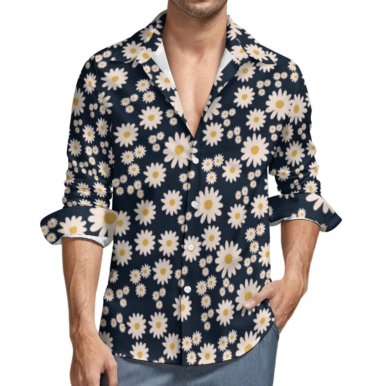 

White Daisy Shirt Mens Cute Floral Print Casual Shirts Spring Y2K Custom Blouses Long Sleeve Novelty Oversized Clothes Gift