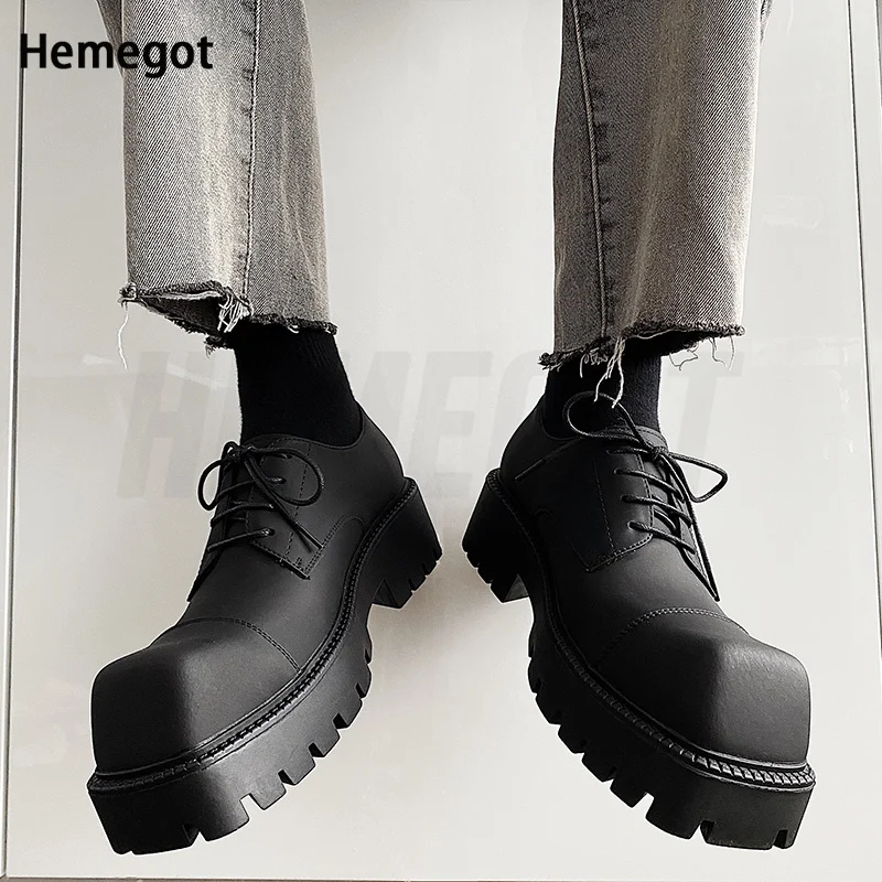 Square Toe Lace Up Thick Bottom Heightened Men's Shoes Leather Shoes New Personality Niche Leather Casual Leather Shoes Male