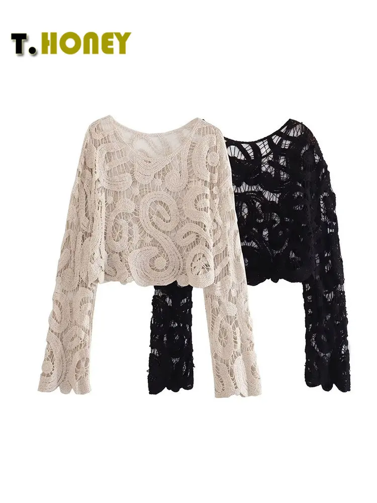 

TELLHONEY Женская мода с круглым вырезом вязаный крючком Женский Повседневный с длинным рукавом Тонкий облегающий шикарный однотонный пуловер